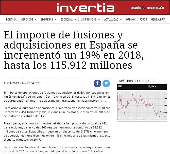 El importe de fusiones y adquisiciones en Espaa se increment un 19% en 2018, hasta los 115.912 millones